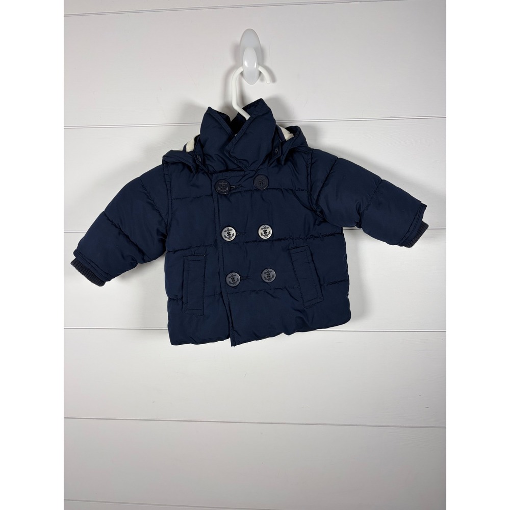 Baby Gap Kids Blue Peacoat Puffer Jacket 0-6 Mos Hooded Anchor‎ Button Nautical